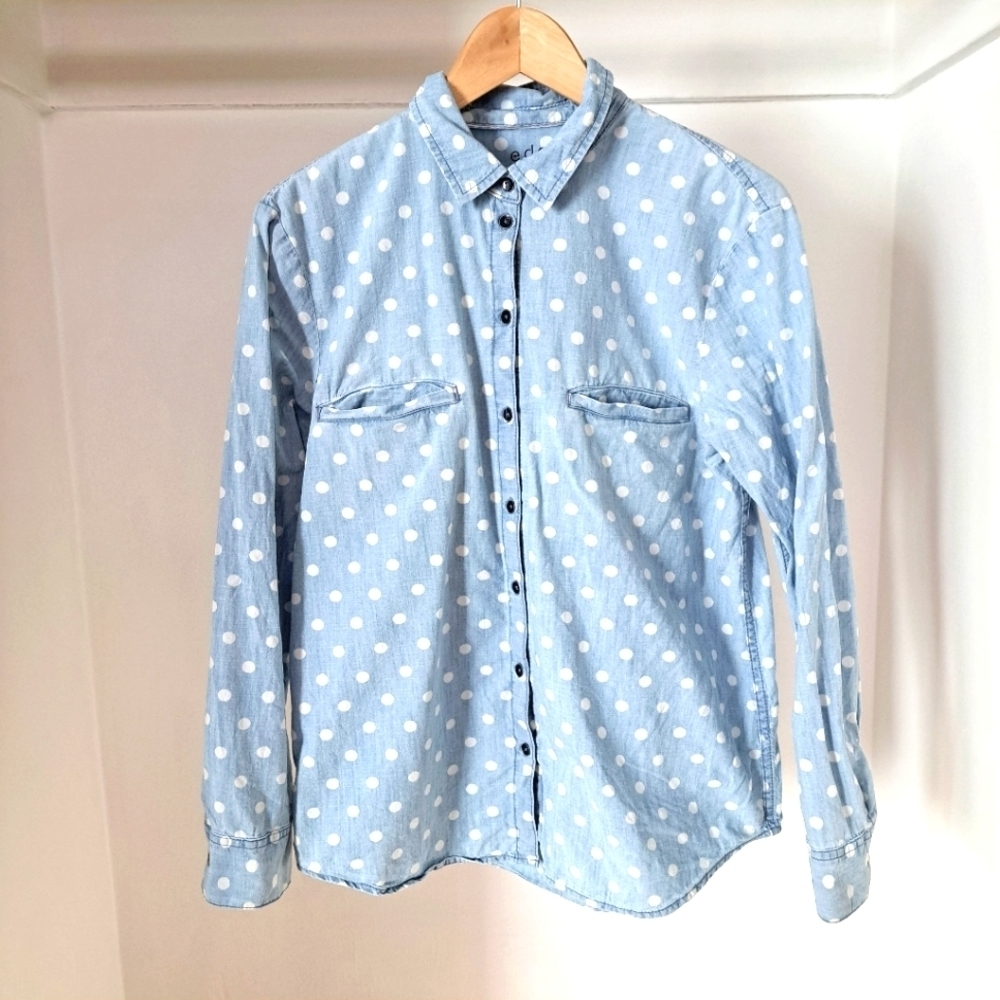 edc | Light blue & white polka dot denim texture casual button up - Picture 3 of 11